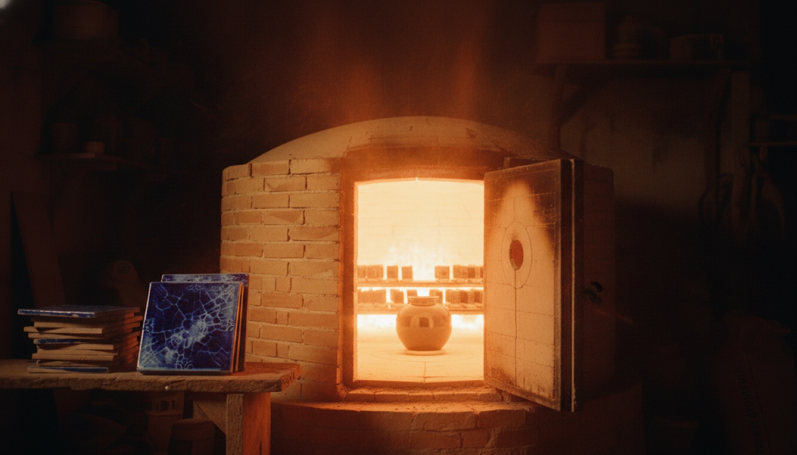 Horno de leña abierto, incandescente, con la vasija de cobalto revelada dentro